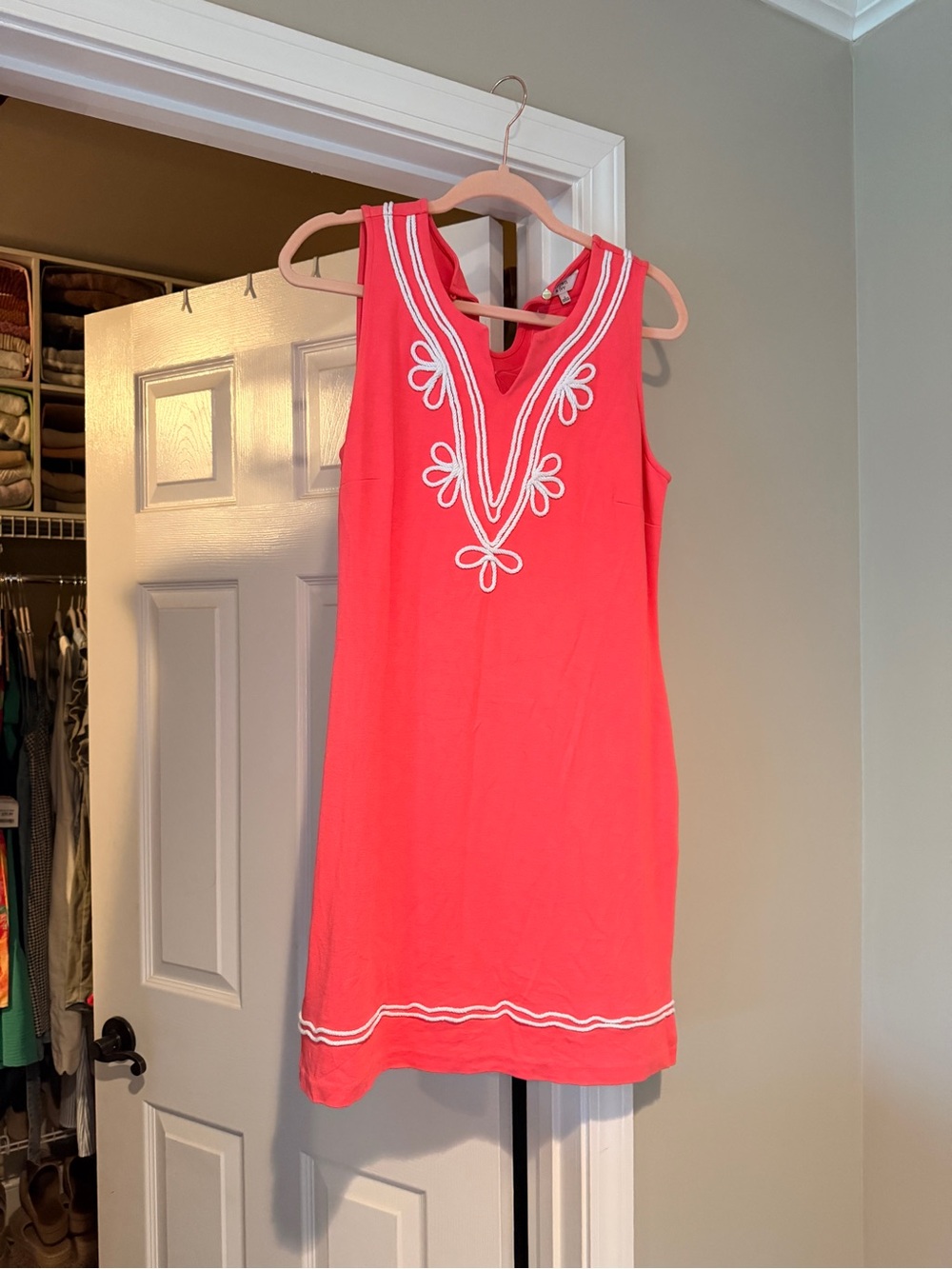 crown & ivy Coral-Pink Embroidered V-Neck Mini Dress
